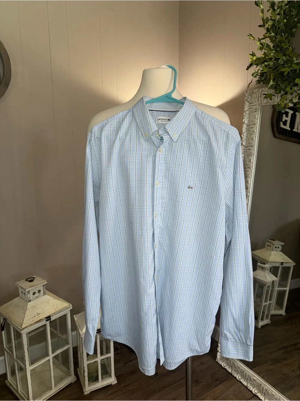 Lacoste Men’s Regular Fit Blue Plaid Button Down Shirt 16.5 Large